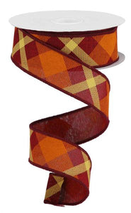 1.5"X10Yd Printed Plaid On Royal Burgundy/Orange/Mustard