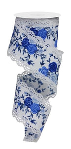 2.5"X10Yd Mini Roses/Lace White/Multi Blue