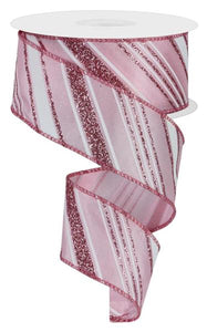 1.5"X10Yd Diagonal Line/Satin Pink/White