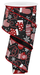 2.5"X10Yd Christmas Mittens Black/Red/White