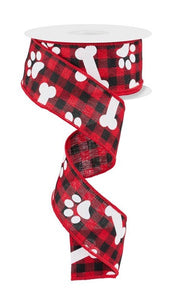 1.5"X10Yd Pawprints/Bones On Woven Check White/Black/Red