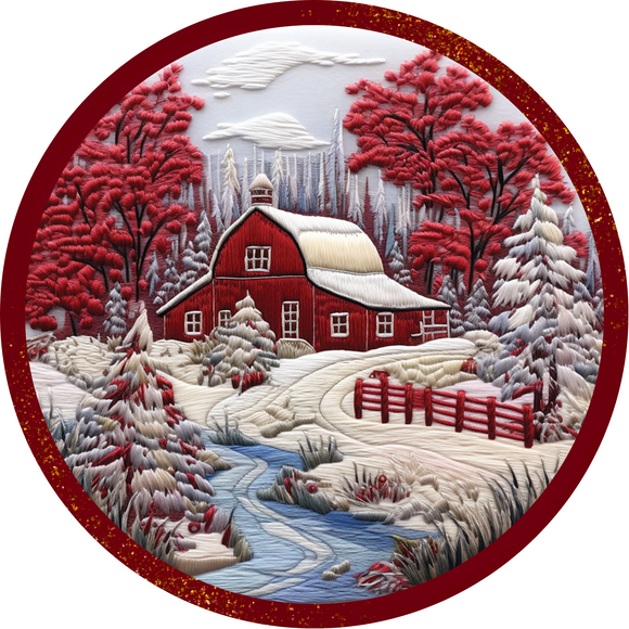 Embroidered Red Barn  CHOOSE SIZE)