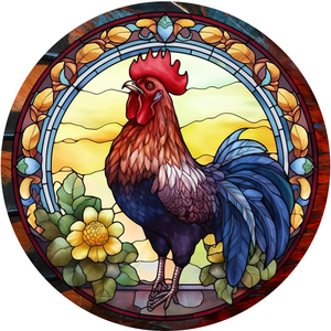 Rooster Faux Stained Glass Metal Round Sign (Choose size)