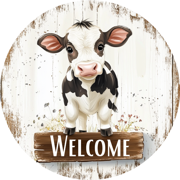 Rustic Farmhouse Welcome Sign - Adorable Black and White Cow Metal Art (Choose Size)