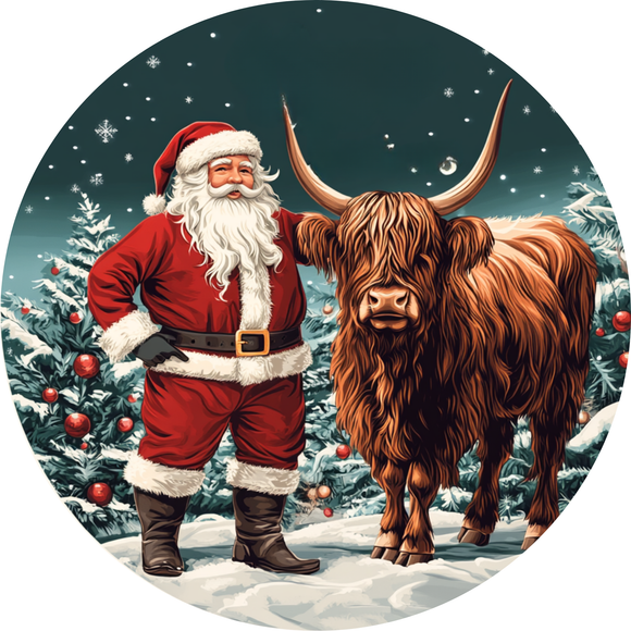 Santa's Highland Cow Holiday Metal Sign (Choose Size)