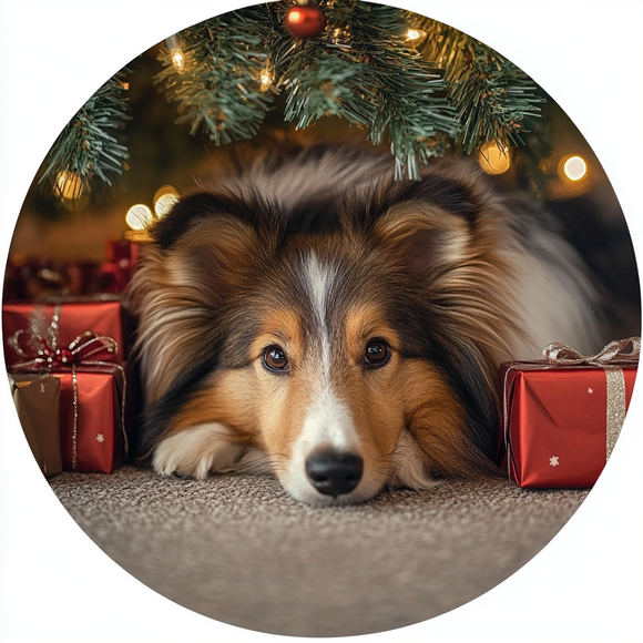 Sheltie Under the Tree - Cozy Christmas Dog Metal Wreath Sign