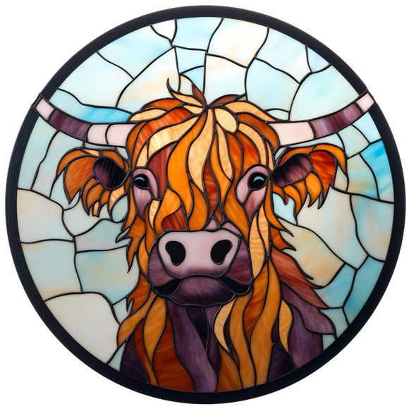 Highland Cow Head Faux Stained Metal Round Sign (Choose size)