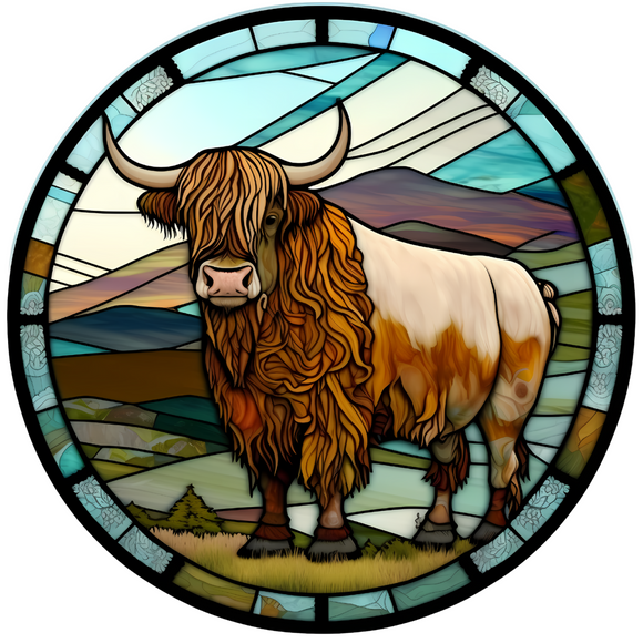 Highland Cow Mountain Faux Stained Metal Round Sign (Choose size)