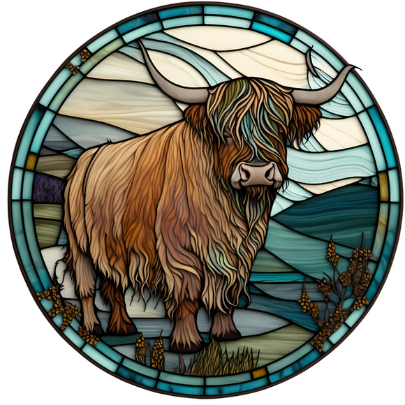 Highland Cow Blue Rolling Hills Faux Stained Metal Round Sign (Choose size)
