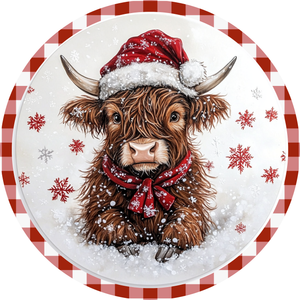 Holiday Highland Calf Metal Wreath Sign