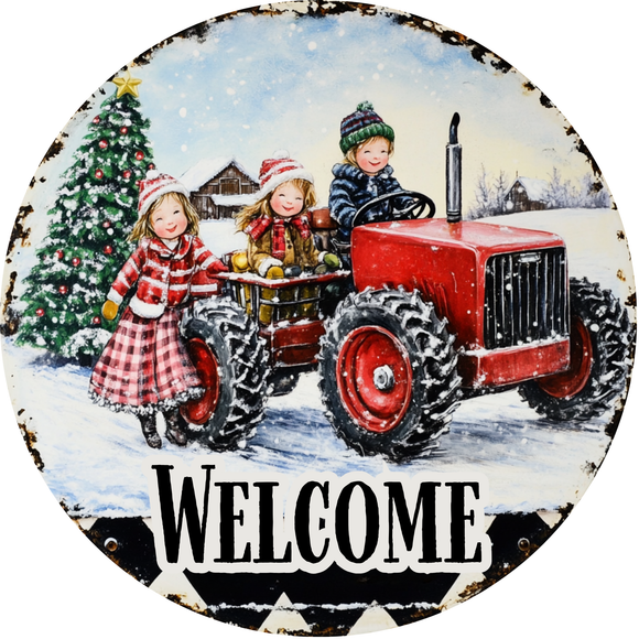 Vintage Christmas Tractor Ride - Kids Welcome Metal Sign (Choose Size)