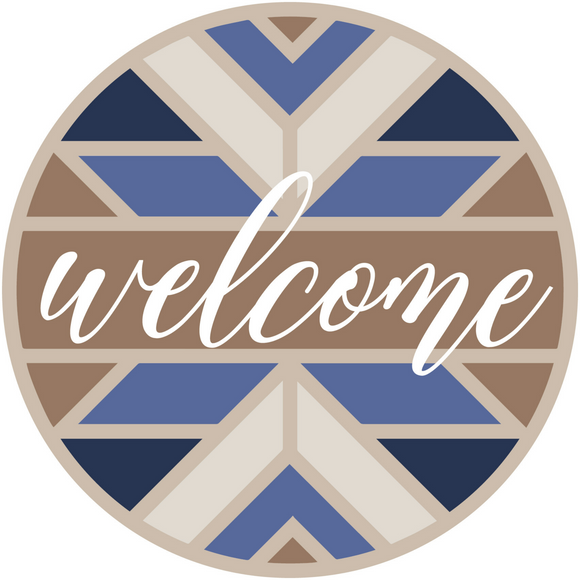 Welcome Blue & Tan Boho Round Metal Sign (Choose Size)