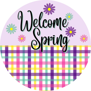 Welcome Spring Plaid Metal Wreath Sign (Choose Size)