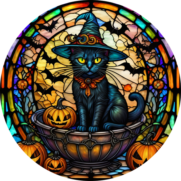 Kitten In Cauldron Faux Stained Glass Metal Sign (Choose size)