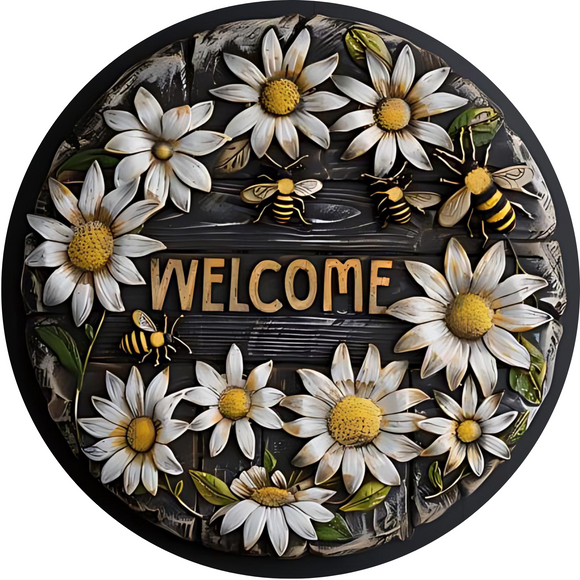 Wood Fence Daisy and Bee Metal Sign (Choose Size)