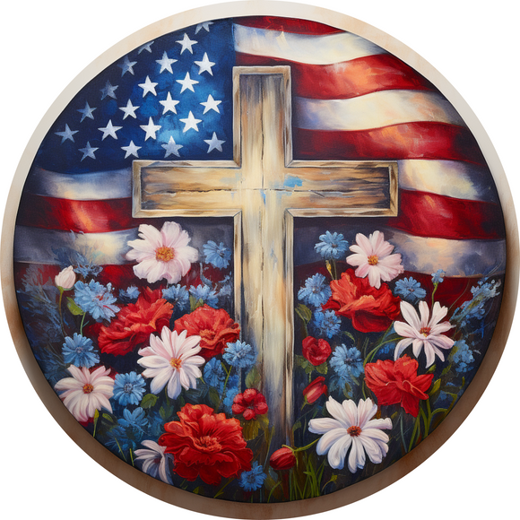 Faith & Freedom Patriotic Cross Round Metal Sign (Choose Size)