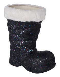 9.5"H X 8.5"L Glitter/Fur Santa Boot Black/White