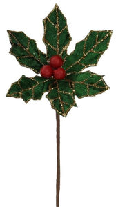 8"L Holly Pick W/Glitter, Berries Green/Gold/Red