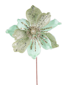 9"Dia Velvet/Glitter Magnolia Stem Sage Green/Silver