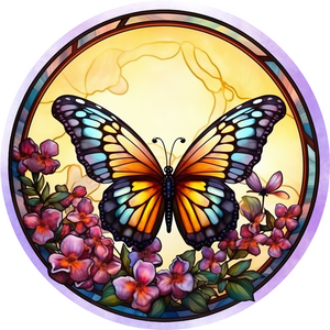 Butterfly Faux Stained Glass Metal Round Sign (Choose size)