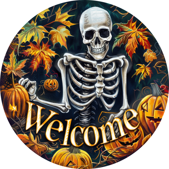 Spooky Skeleton Welcome Metal Sign (Choose size)