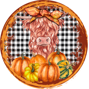 Fall Pumpkin Highland Cow Metal Round Sign (Choose size)