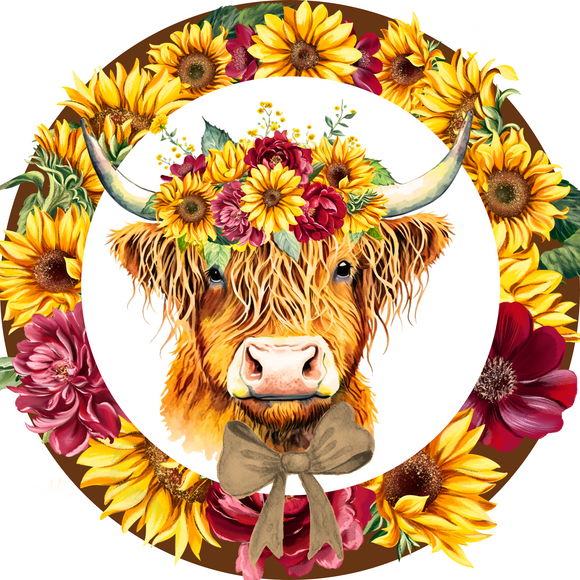 Fall Sunflower Highland Cow Metal Round Sign (Choose size)