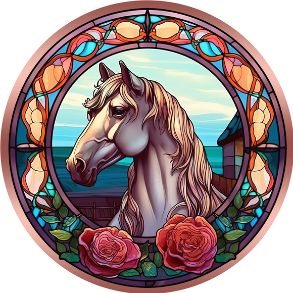 Horse and Rose Faux Stained Glass Metal Round Sign (Choose size)