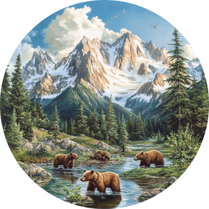 Majestic Mountain Landscape with Bears Metal Sign (Choose Size)