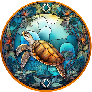 Sea Turtle Faux Stained Glass Metal Round Sign (Choose size)