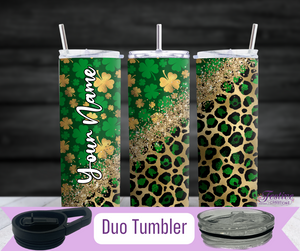 St. Patrick's Day Glitter Clover Cheetah Tumbler (Personalized Optional)