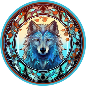 Wolf Faux Stained Glass Metal Round Sign (Choose size)