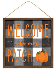10"Sq Welcome To Our Patch W/Wood Frame Blk/Wht/Brn/Moss/Orng