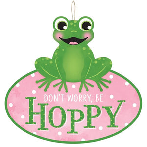 12”Lx11”H Be Hoppy Frog Shape Sign Grn/Pnk/Blk/Wht
