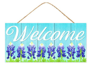 12.5"H X 6"L Welcome W/Bluebonnets Sign Ice Blue/Indigo/Wh