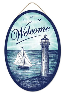 13"Hx9"L Welcome W/Lighthouse Oval Sign Navy/Turquoise/White