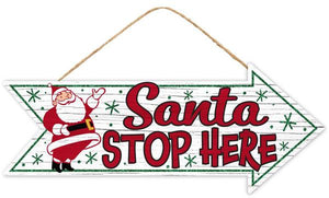 16”Lx6.5”H Glitter Santa Stop Here Sign Wht/Red/Pnk/Gld/Emld Grn