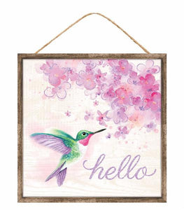10"Sq Hummingbird And Florals Sign Green/Purple/Tan
