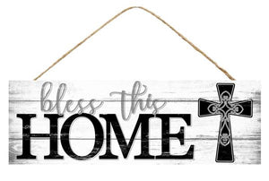 15"L X 5"H Bless This Home/Cross Sign Grey/White/Black