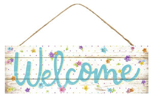 15"L X 5"H Welcome W/Flowers/Dots Sign WHITE/TURQ/PRPL/PINK/YLW AP802733