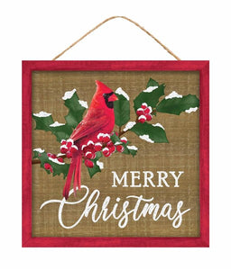 10"Sq Merry Christmas W/Cardinal Sign Tan/Red/Green/White