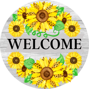 Welcome Sunflower Woodgrain Metal Sign ( Choose Size)