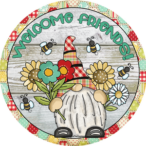 Welcome Friends Gnome Wreath Sign (Choose size)