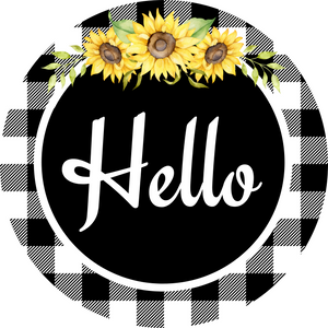 Hello Plaid Sunflower Round Metal Sign
