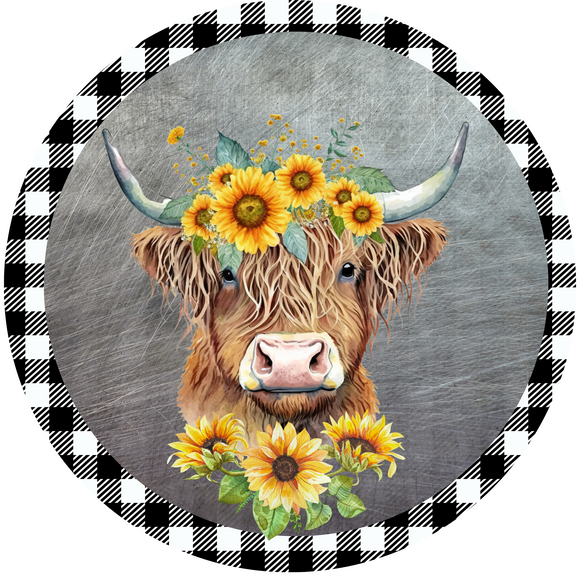 Highland Cow Sunflower Metal Round Sign (Choose size)