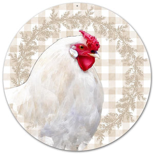 12"Dia Metal Rooster/Check Sign White/Beige/Red