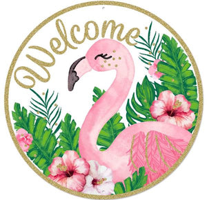 12"Dia Glitter Welcome Flamingo Sign White/Pink/Green/Gold