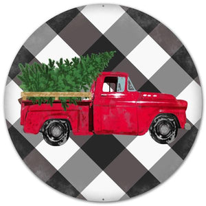 8"Dia Vintage Truck/Bold Plaid Red/White/Grey/White