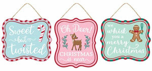 7"L X 6"H Christmas Asst Embossed Sign3Asst:Lt Blue/Lt Pink/Red