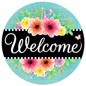 12"Dia Metal Welcome W/Flowers Sign Teal/Blk/Wht/Pink/Ylw/Grn